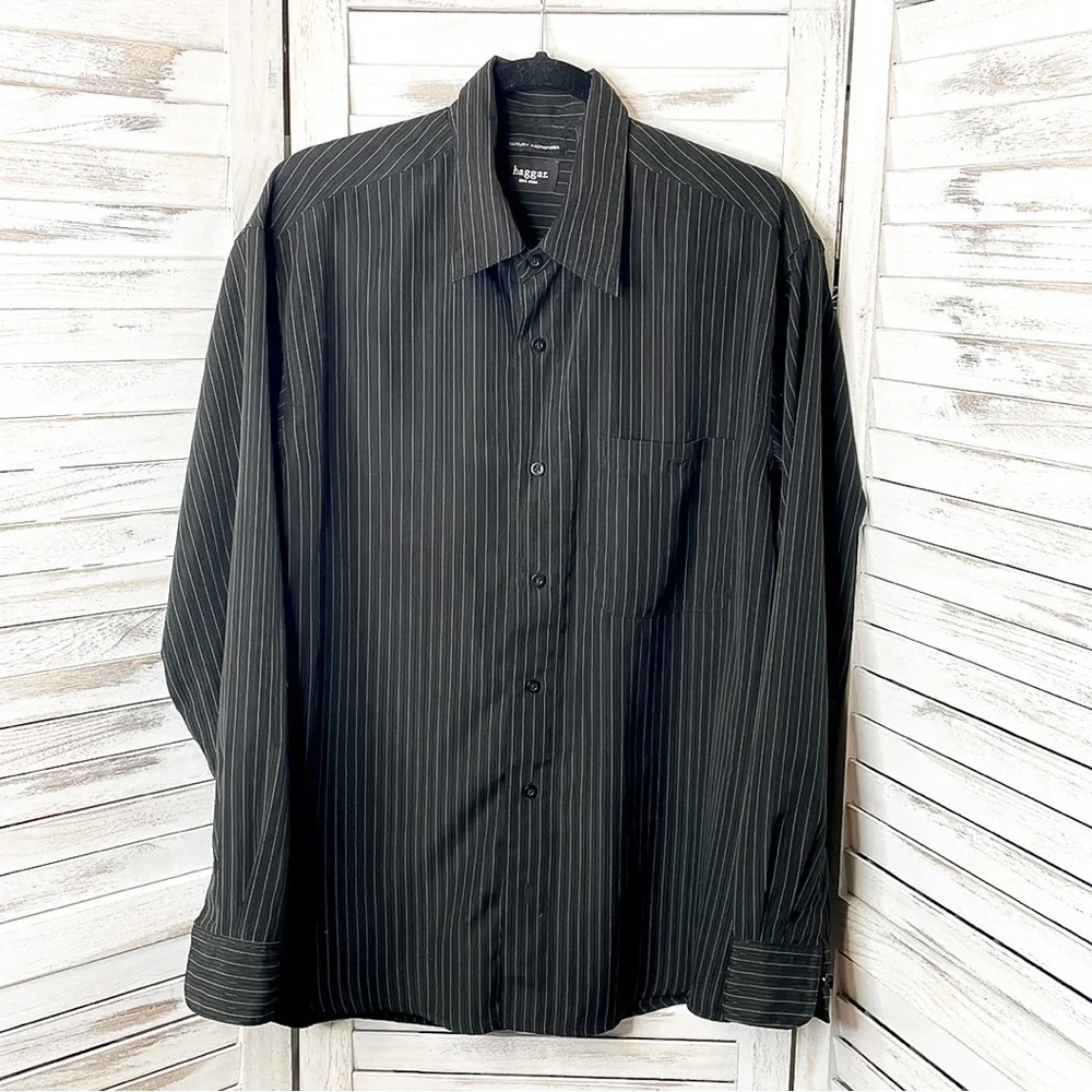 HAGGAR | Men’s Black Striped Long Sleeve Dress Shirt - Picture 2 of 7